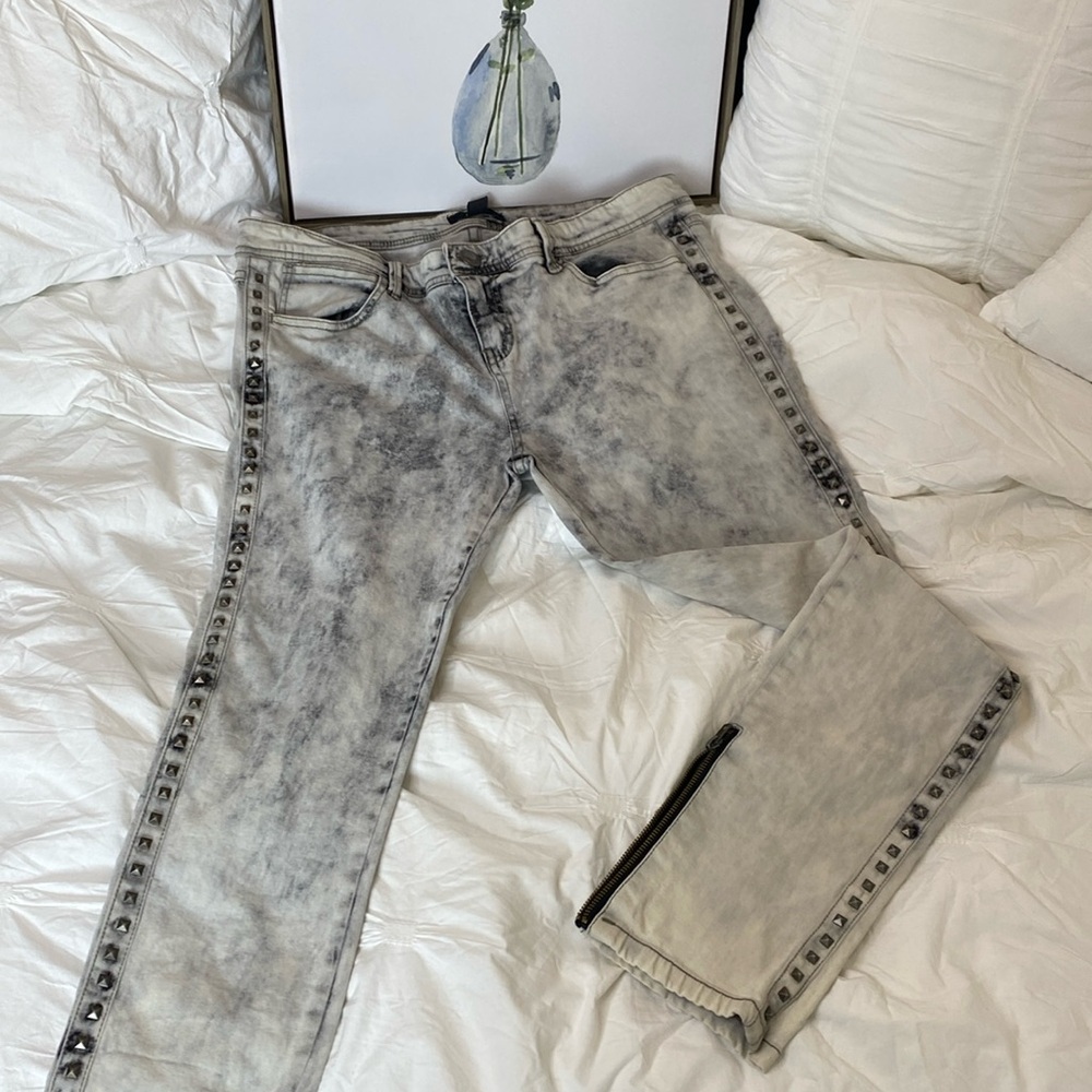 Acid Washed Black and White denim Jean- Stud and Zipper